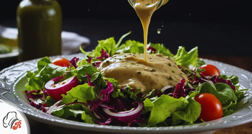 A bowl of New Orleans Soaked Salad Dressing made with olive oil, red wine vinegar, Dijon mustard, honey, fresh herbs, and spices, ready to be drizzled over a fresh salad.
