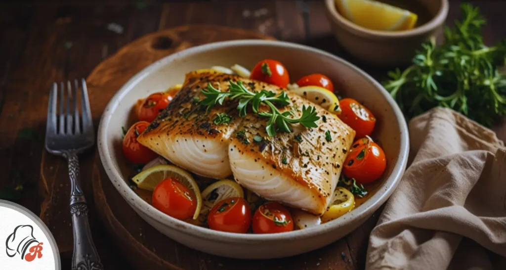 Byzantine fish dish (Psari Plaki) with tomatoes, onions, and herbs