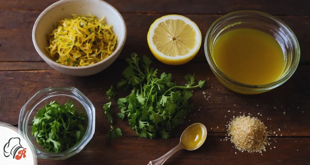 A close-up view of a vibrant New Orleans-inspired salad dressing, blending olive oil, red wine vinegar, Dijon mustard, fresh herbs, and a touch of honey, ready to be tossed with fresh vegetables.