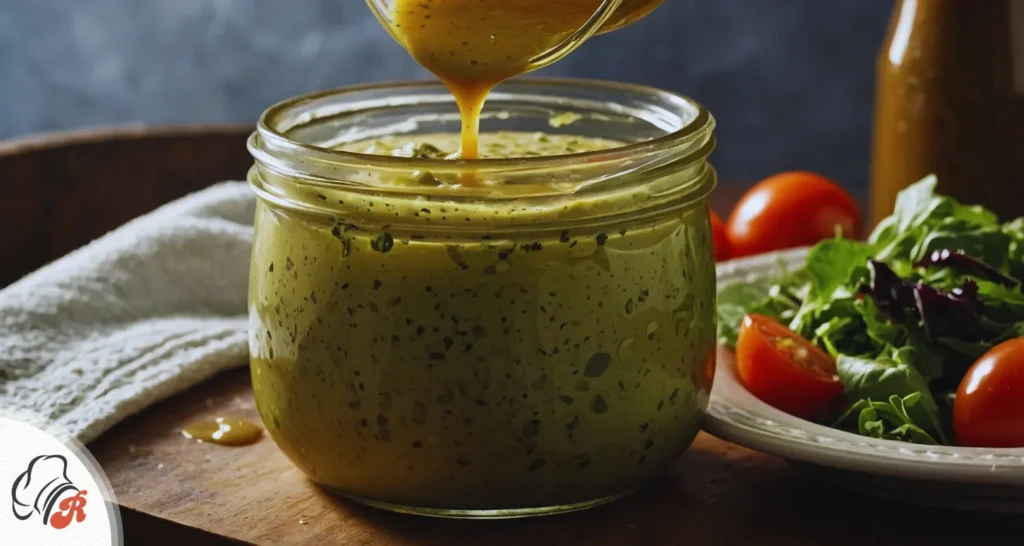 A small jar of homemade Southern-style salad dressing featuring olive oil, Dijon mustard, red wine vinegar, fresh lemon juice, and herbs, ready to be served on a fresh green salad.