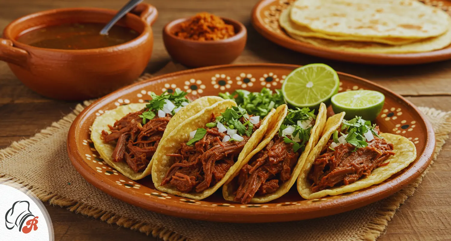 Birria Meat Recipes served with fresh garnishes and a bowl of birria broth for dipping.
