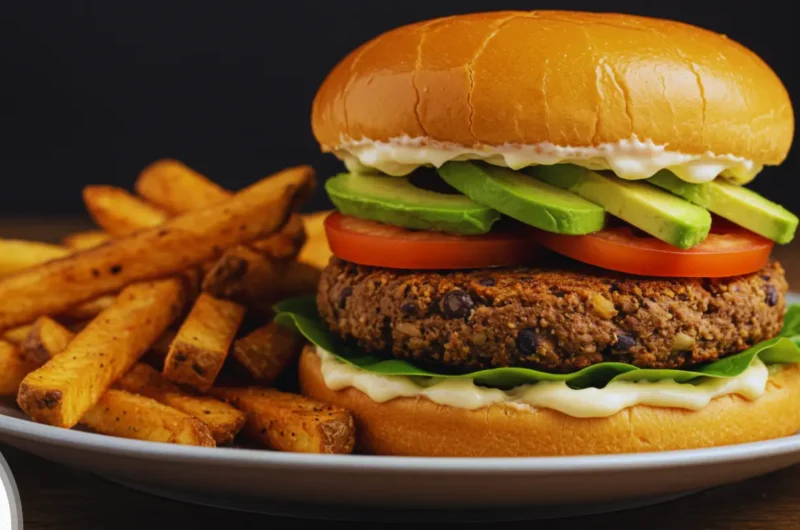 Vegan recipes with black bean burgers with crispy golden-brown patties, lettuce, tomato, avocado