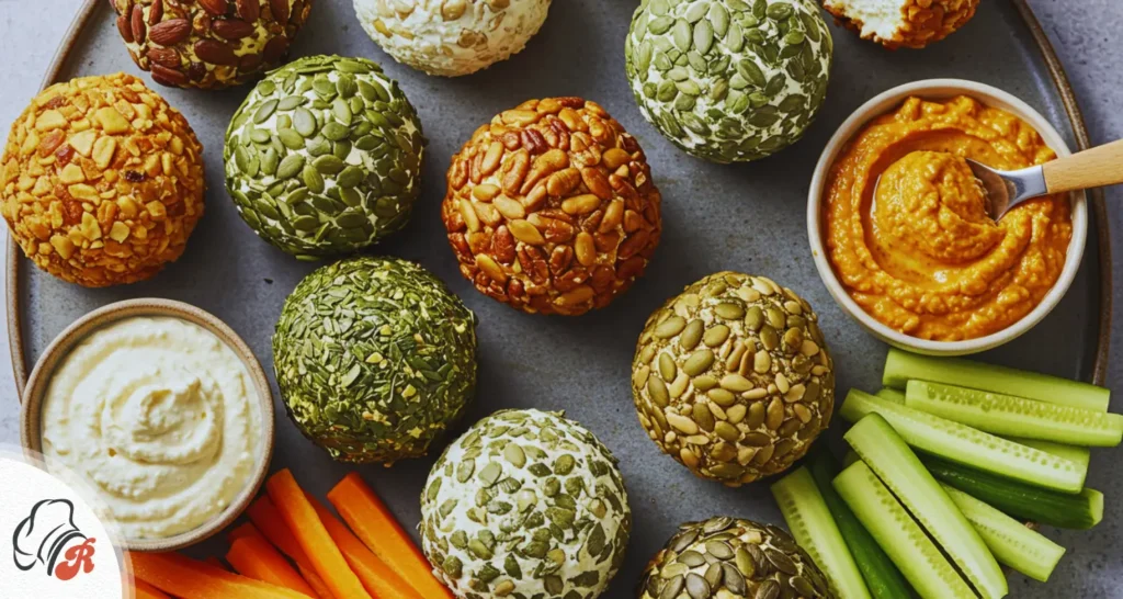 Seven different cheese balls on a wooden platter, each with unique flavors and garnishes