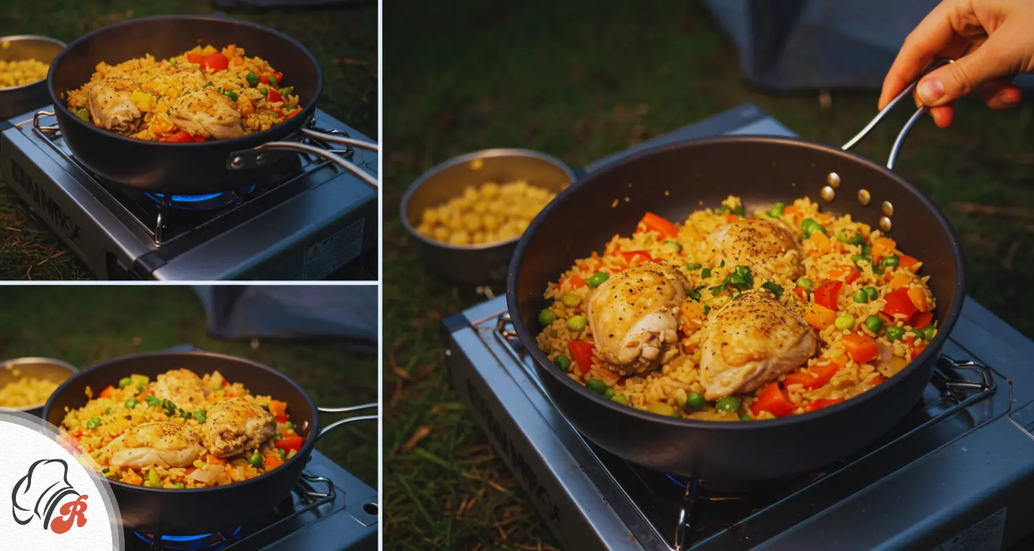 One-pan recipes camping easy chicken and rice with tender chicken and colorful vegetables served outdoors