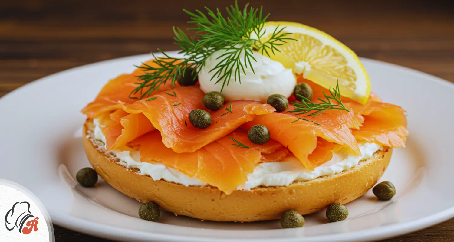 smoked salmon dishes recipes bagel with cream cheese, capers, dill, and lemon slices, served on a white plate.