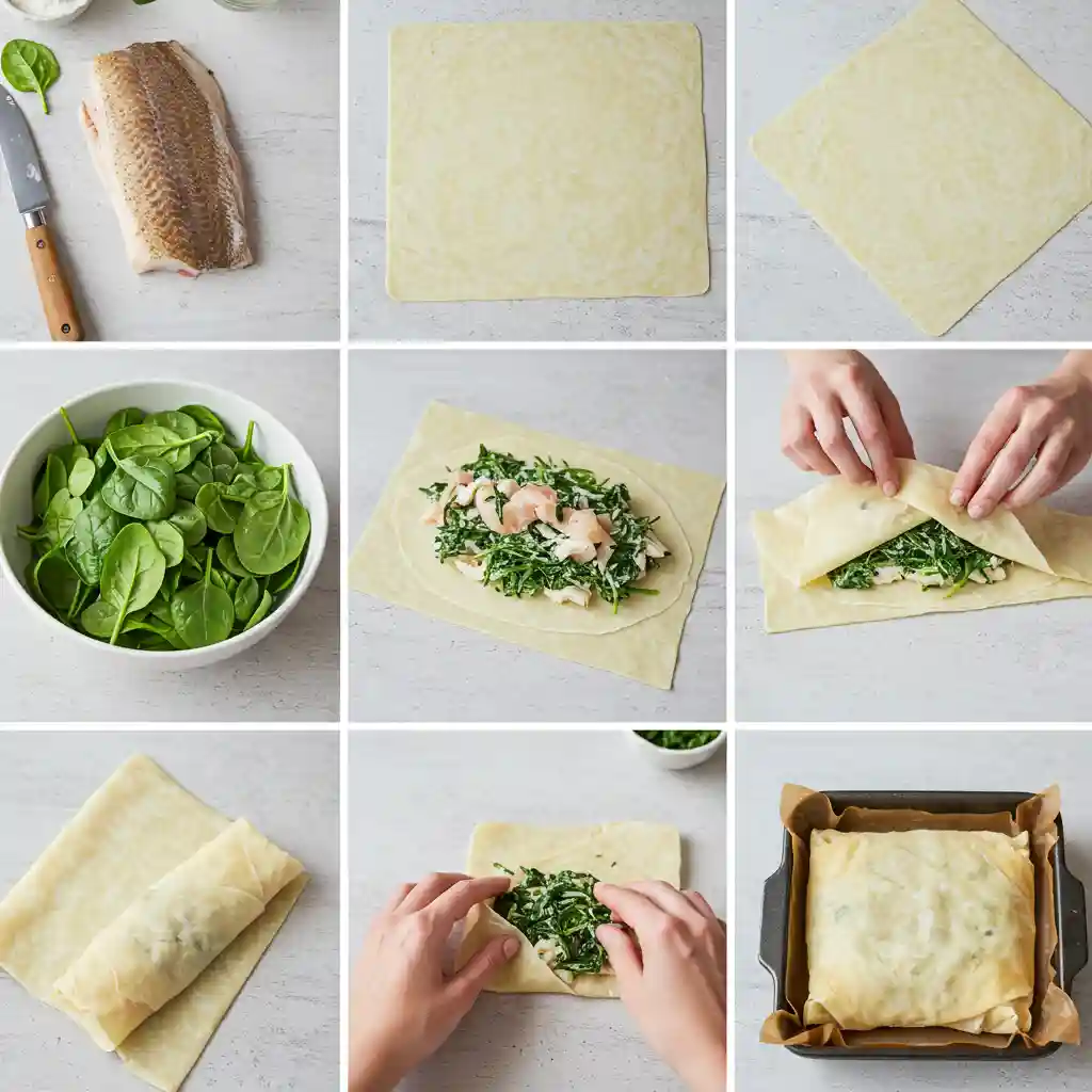 Step-by-step guide for halibut and spinach wrapped in filo recipe, featuring ingredients, assembly, and the final golden-brown parcels.