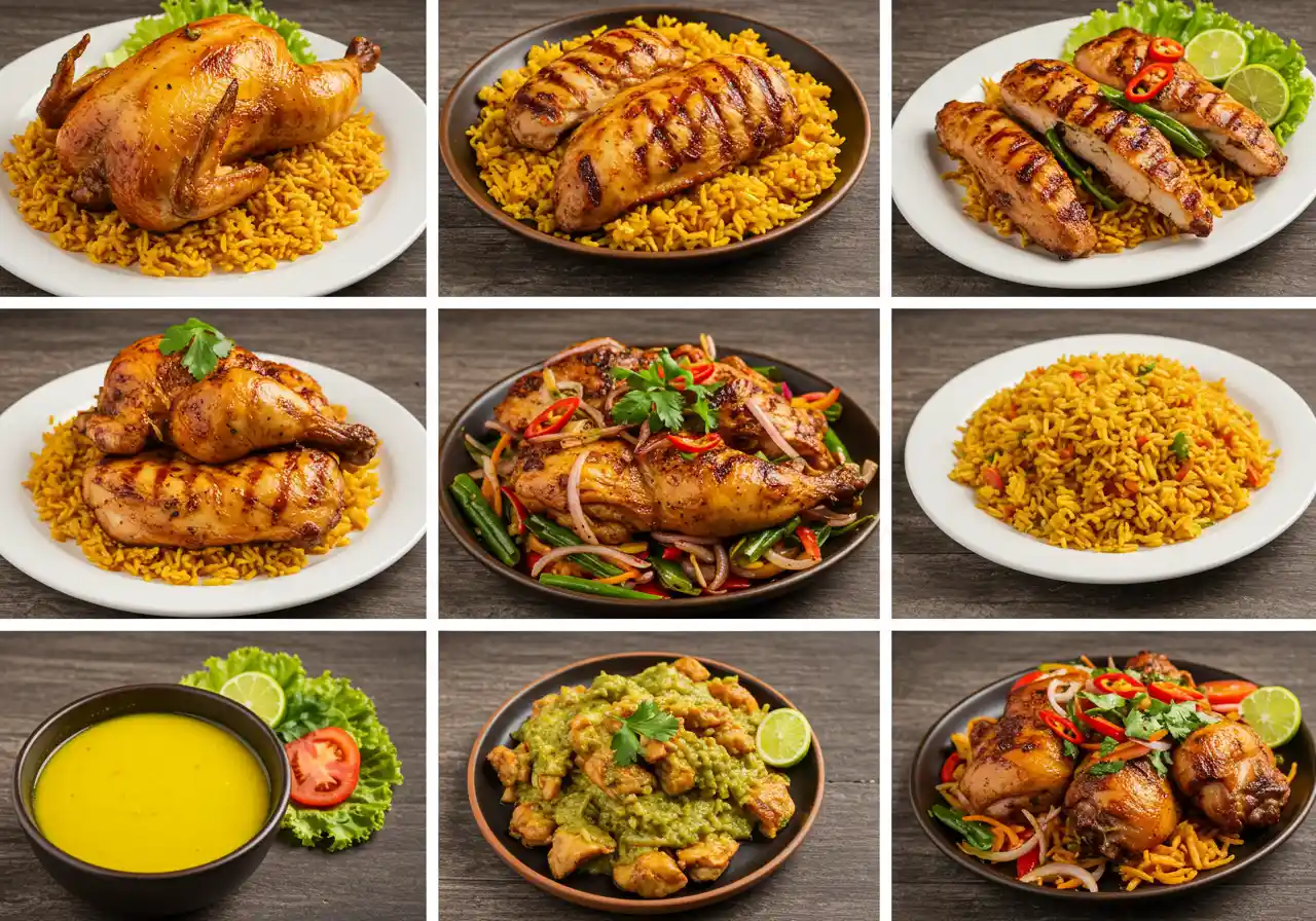 A collection of authentic Peruvian chicken recipes, highlighting roasted chicken, grilled breast, and classic sauces.
