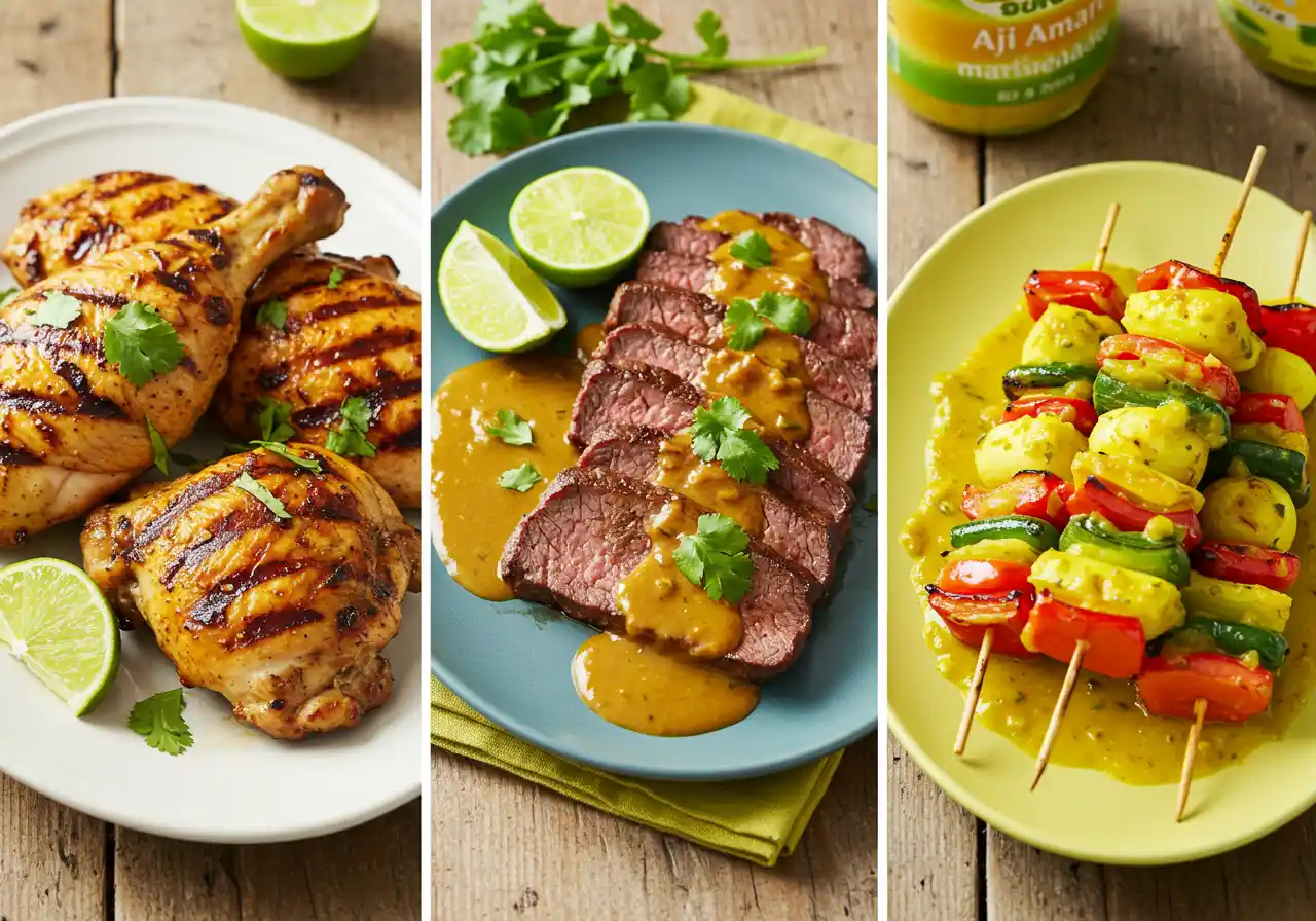 Three delicious dishes made with aji amarillo marinade: grilled chicken, beef steaks, and vegetable skewers.
