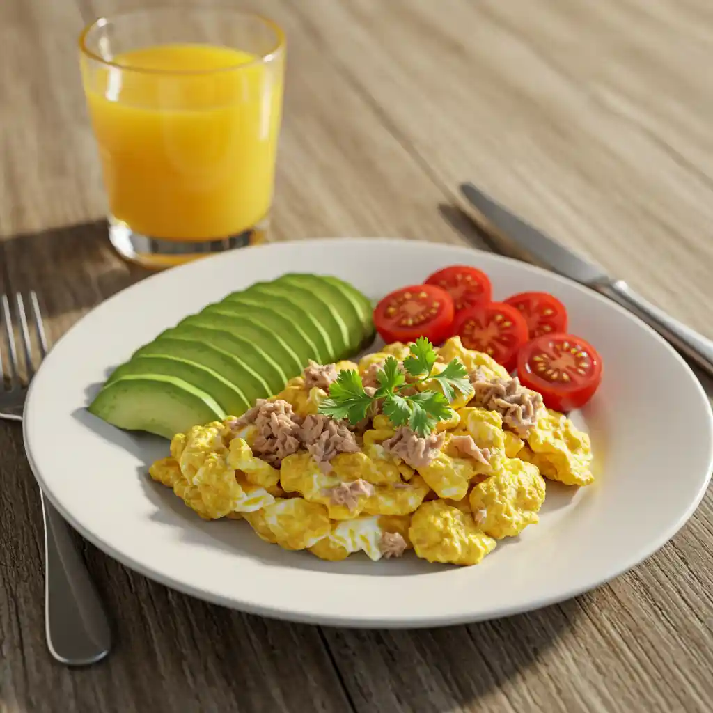 A nutrient-rich tuna and egg breakfast dish topped with fresh herbs, paired with avocado and cherry tomatoes for added health benefits.