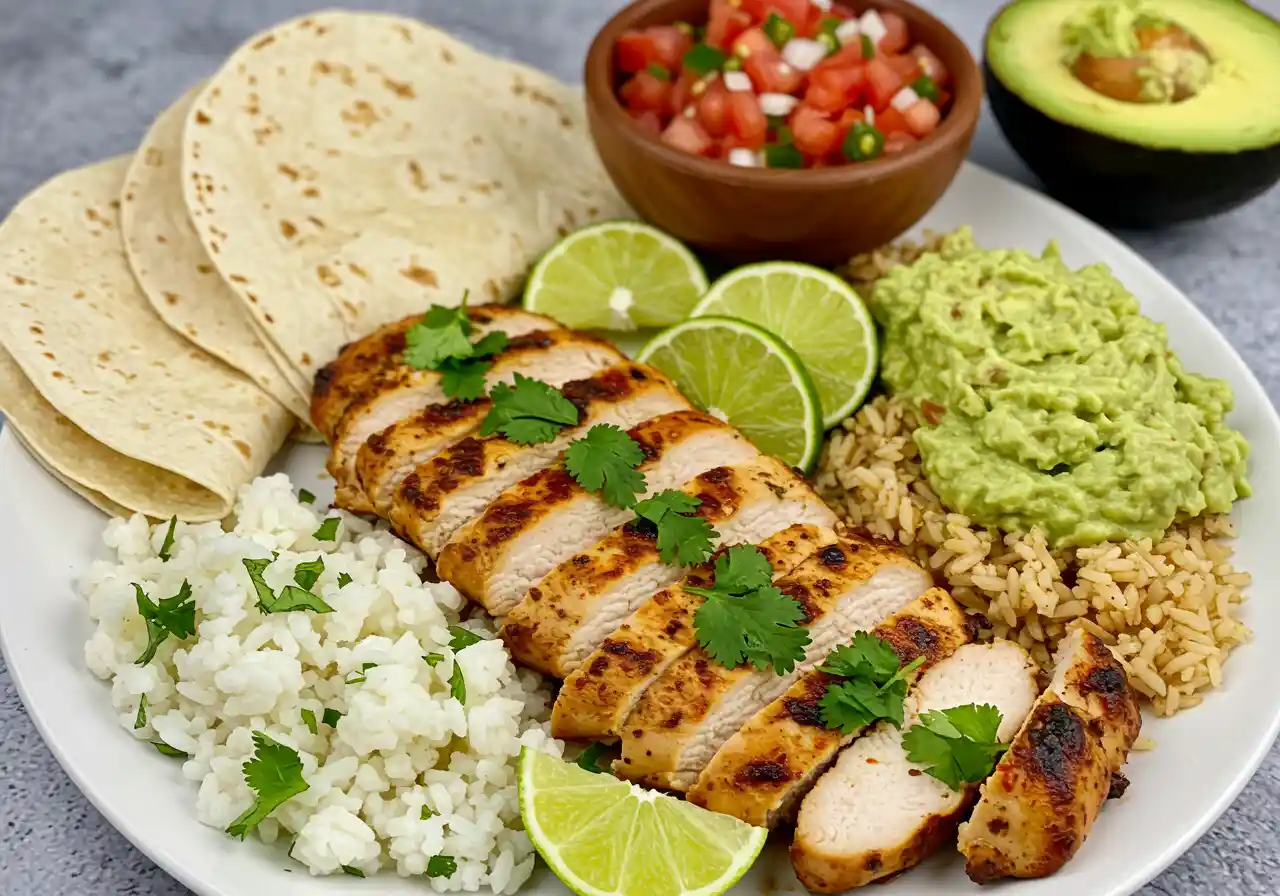 Grilled Mexican chicken thighs with smoky char marks, topped with chopped cilantro and served with lime wedges and roasted vegetables.