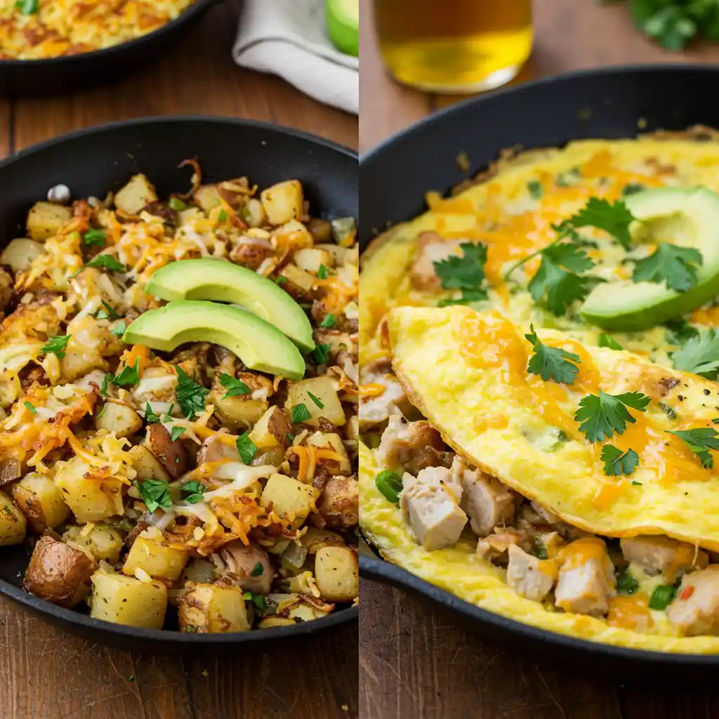 Two mouthwatering leftover turkey breakfast dishes—a turkey hash and a turkey omelette—showcased side by side, topped with cheese and herbs.
