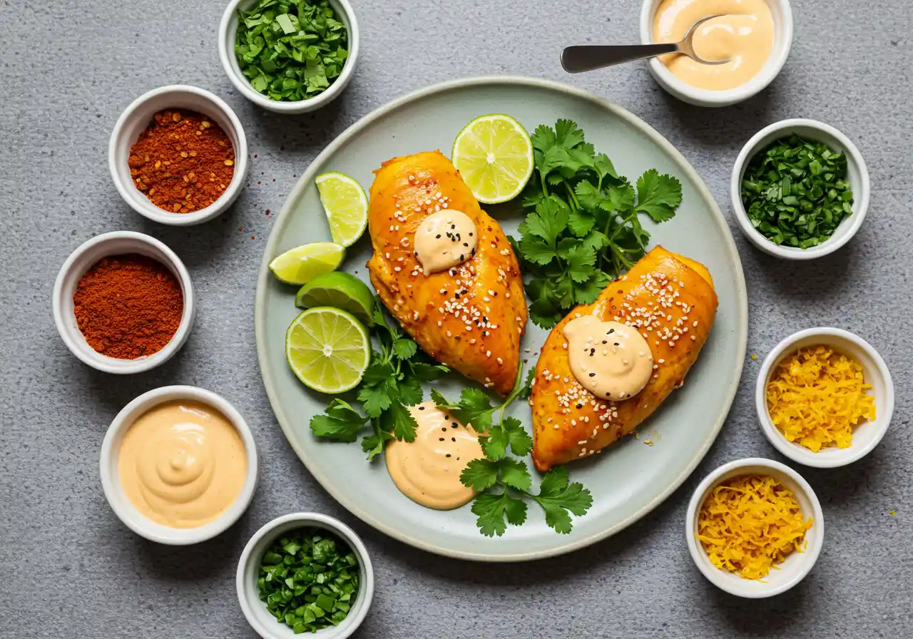 A beautifully plated Aji Amarillo chicken breast with garnishes and toppings, showcasing creative ideas to enhance its flavor.