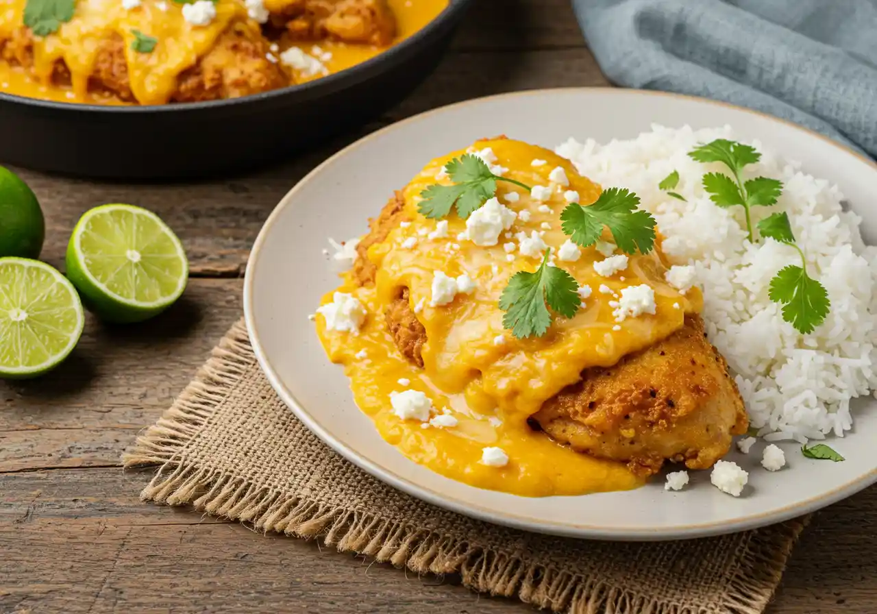 A delicious churu chicken amarillo and cheese recipe with tender chicken coated in a creamy yellow chili sauce, melted cheese, and fresh cilantro garnish.