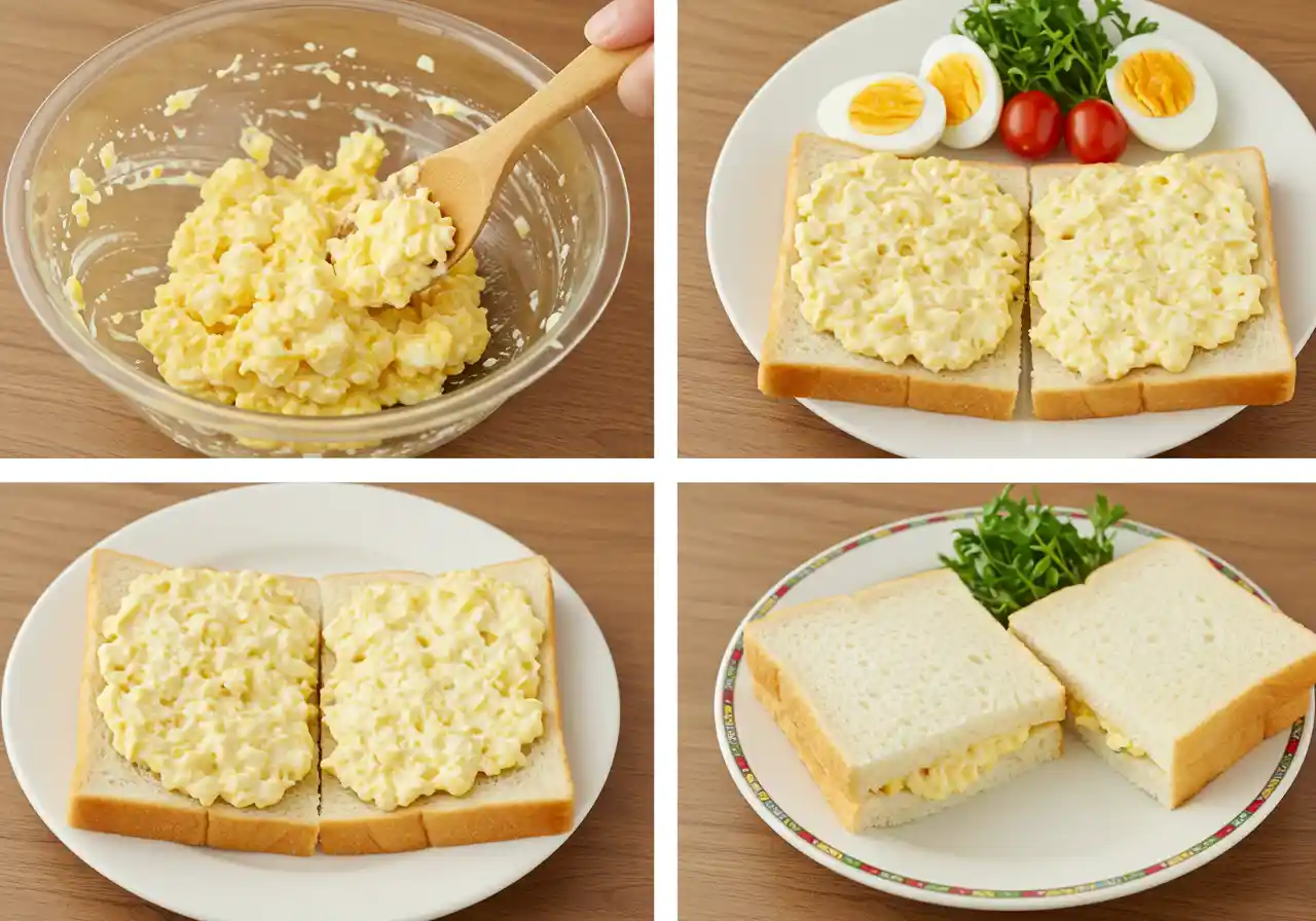 A Japanese egg sandwich 7-11, cut into three neat squares, showcasing its creamy egg salad filling and soft white bread.