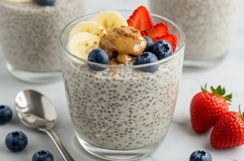 Almond Butter Chia Pudding recipe broken down into three easy steps