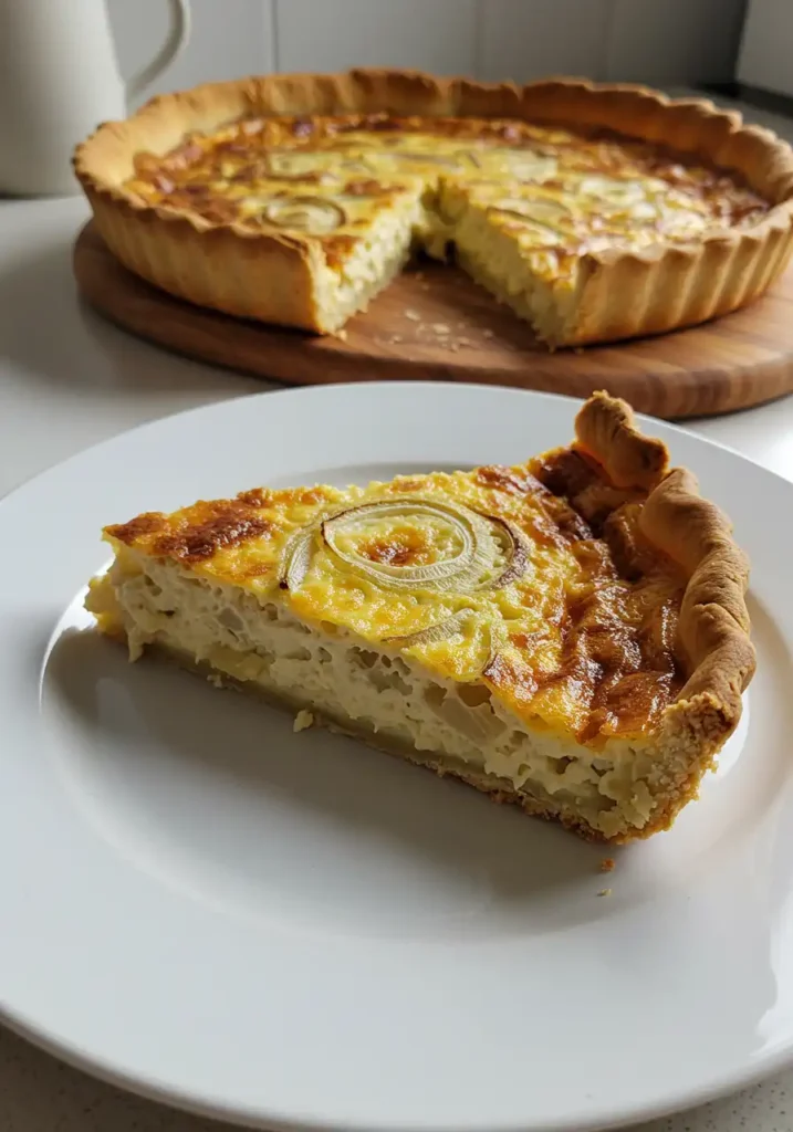 A slice of creamy cheese and onion quiche with whole milk served with a side salad, highlighting the dish’s healthy ingredients.