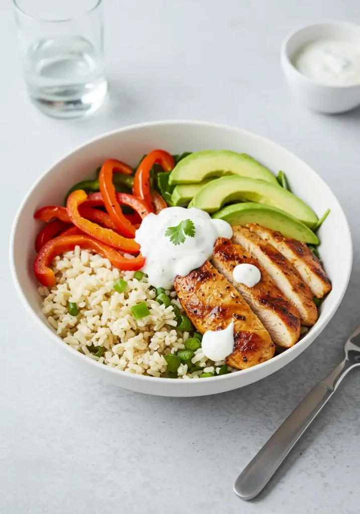 Healthy fajita bowl made with grilled chicken, brown rice, avocado, and colorful vegetables
