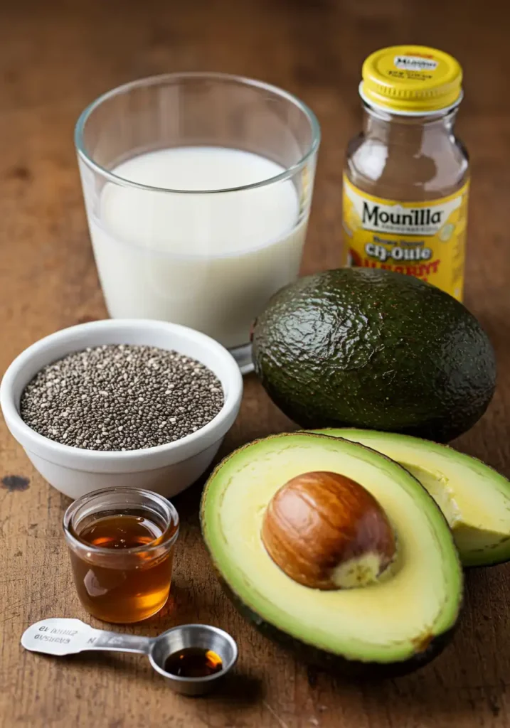 Ingredients needed to prepare a fresh and creamy Avocado Chia Pudding recipe for a healthy treat.