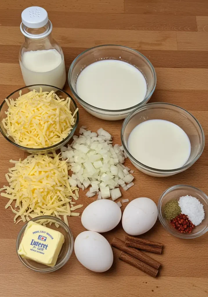 Raw ingredients for creamy cheese and onion quiche with whole milk, including eggs, cheese, onions, and milk, arranged on a kitchen counter.