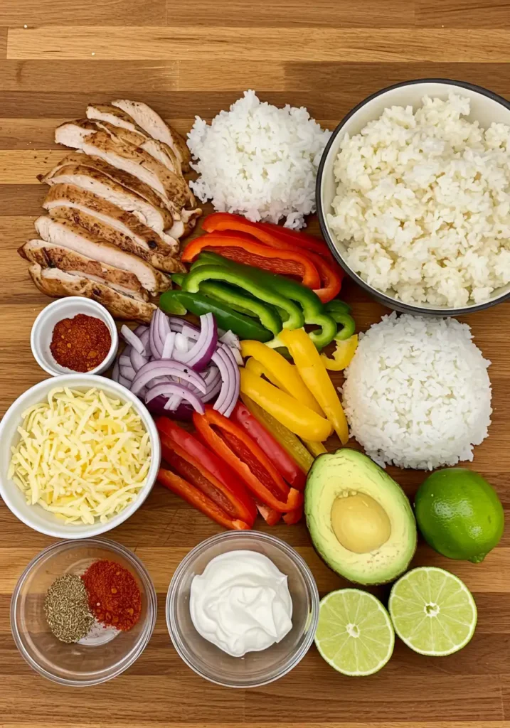 Fajita bowl ingredients like raw chicken, sliced peppers, spices, and rice laid out on a kitchen counter