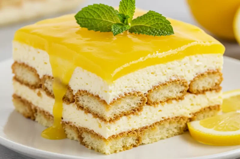 A refreshing alcohol-free lemon tiramisu dessert with layers of creamy filling and tangy citrus flavor.