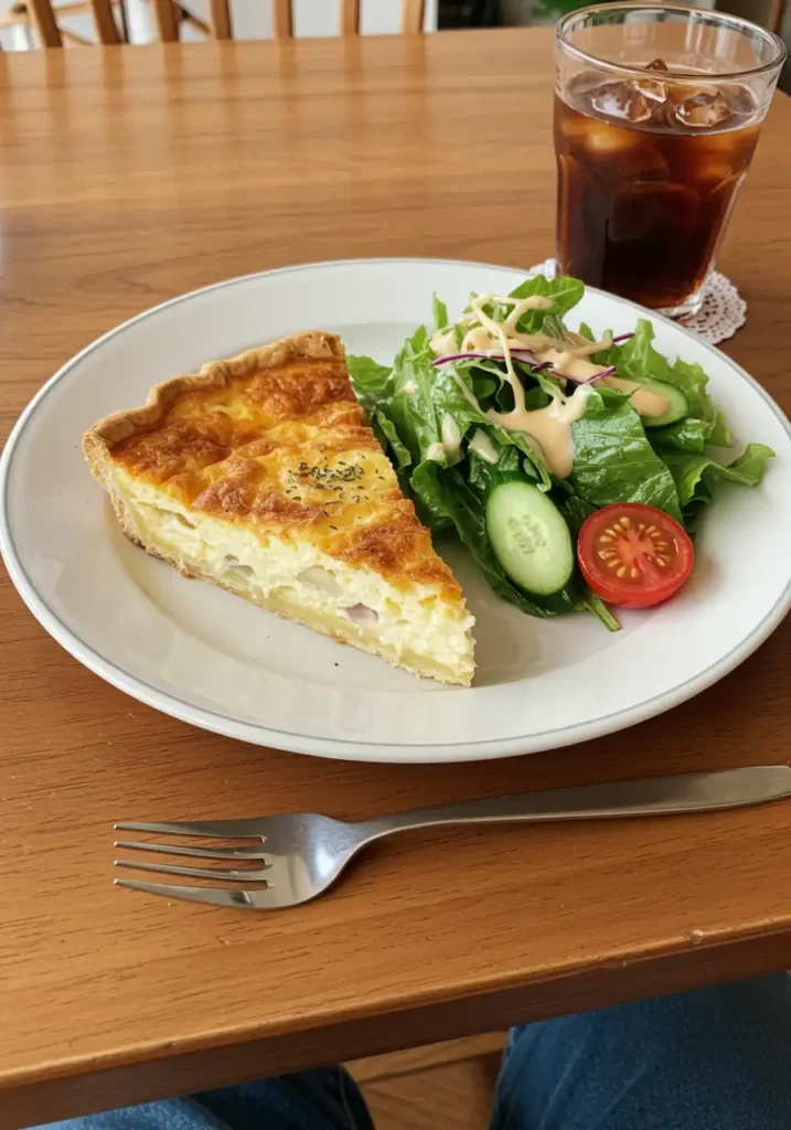 A plate with a slice of creamy cheese and onion quiche with whole milk, served alongside a green salad and iced tea.