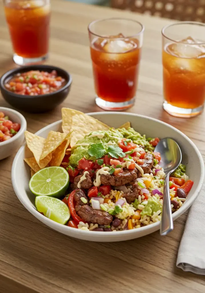 Fajita bowl served with chips, salsa, and lime wedges on a dinner table with a casual setup
