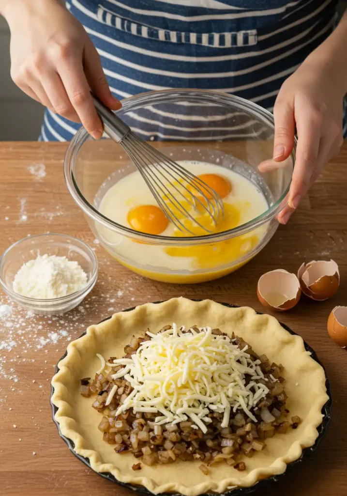 Hands whisking eggs and whole milk in a bowl, preparing to make creamy cheese and onion quiche with whole milk, step-by-step process.