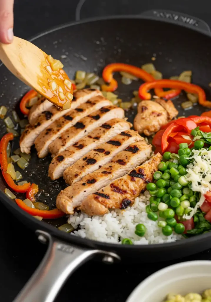 Cooking steps showing chicken in a skillet, peppers sautéing, and a bowl being assembled with toppings