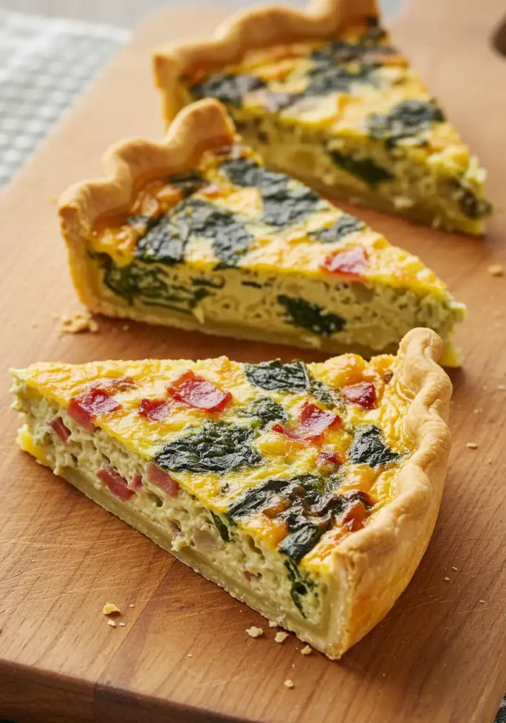 Different variations of creamy cheese and onion quiche with whole milk, showing options like bacon, spinach, and mushrooms.