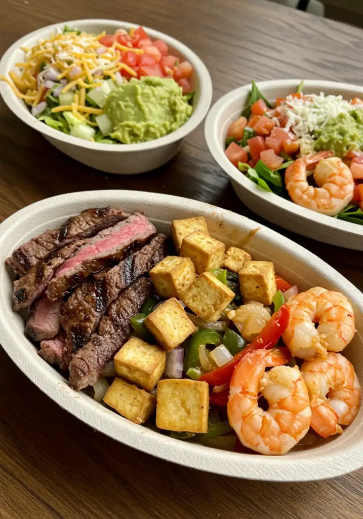 Three fajita bowls side by side: one with steak, one vegetarian, and one with shrimp and colorful toppings