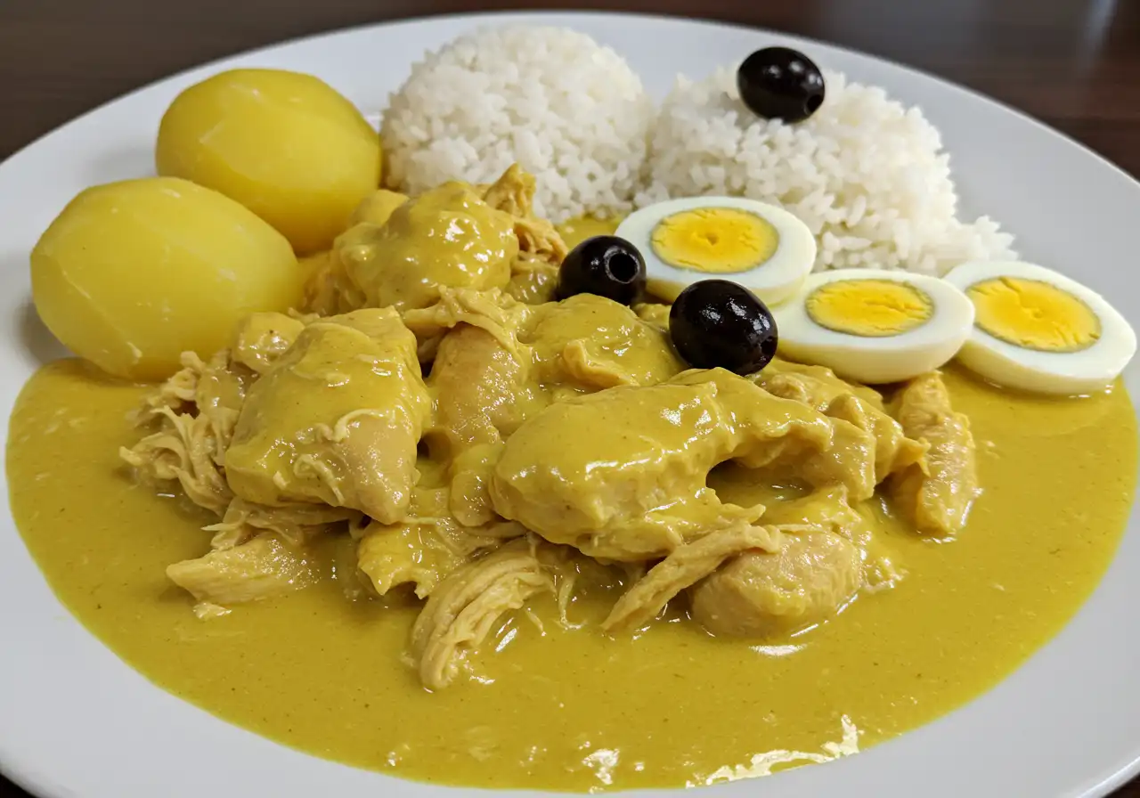 Best homemade Aji de Gallina recipe with creamy aji amarillo sauce, served over potatoes with rice, boiled eggs, and olives.