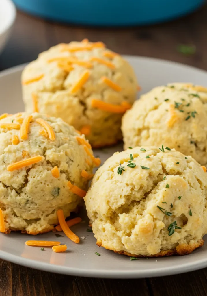 Three different variations of Bisquick dumplings served on a plate: classic, cheese, and herb.