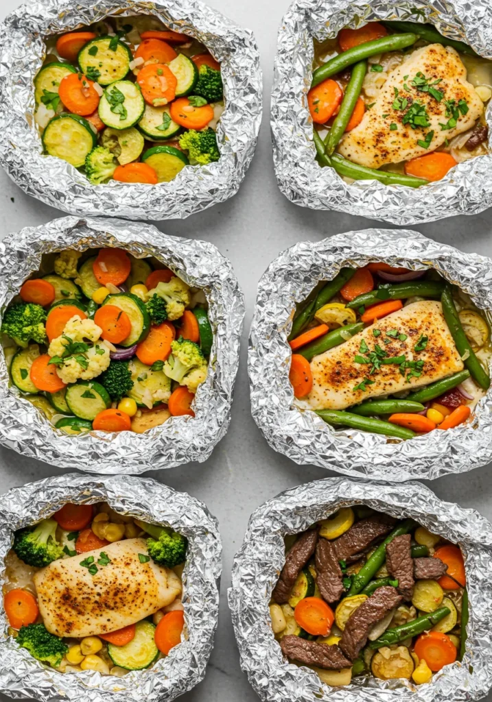 Six different foil packet meals featuring a mix of proteins and vegetables.