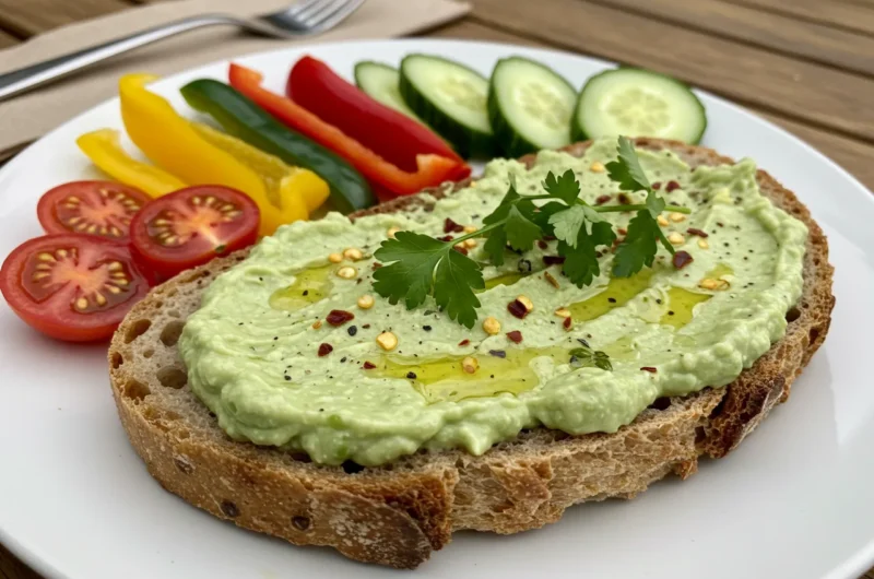An assortment of fresh ingredients ready to make a creamy Avocado Ricotta Spread Recipe, including ripe avocado, ricotta cheese, and garnishes like herbs and chili flakes.