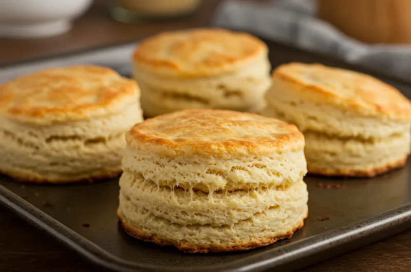 Fluffy golden Biscuit Recipe with Pancake Mix on a tray