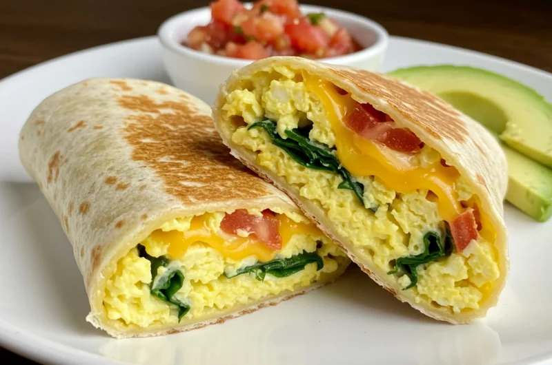 a variety of delicious breakfast egg wraps, each filled with different ingredients like scrambled eggs, cheese, avocado, and veggies.