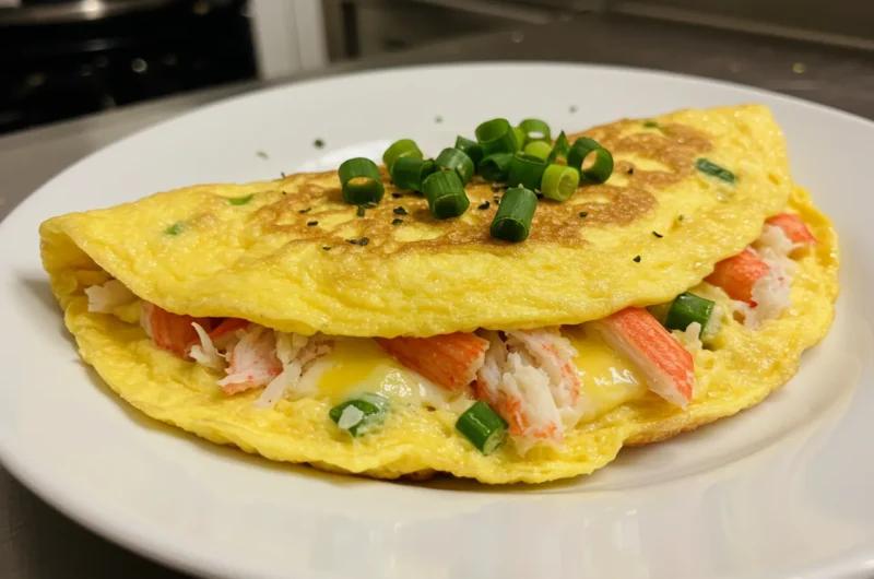 Crab Meat Omelette Recipe folded in half with golden edges and crab filling, showing simplicity and ease in preparation.