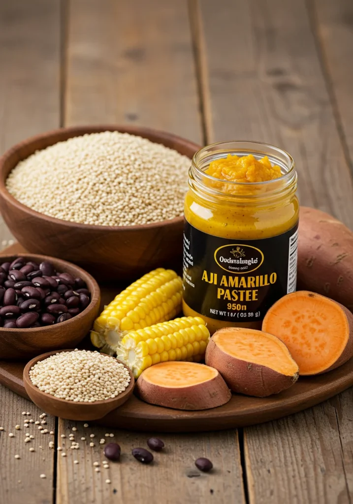List of ingredients needed to cook vegetarian recipes with Aji Amarillo Paste.