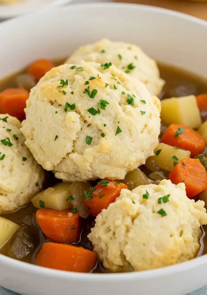 Bisquick dumplings served with fresh herbs and vegetables, showcasing their health benefits.