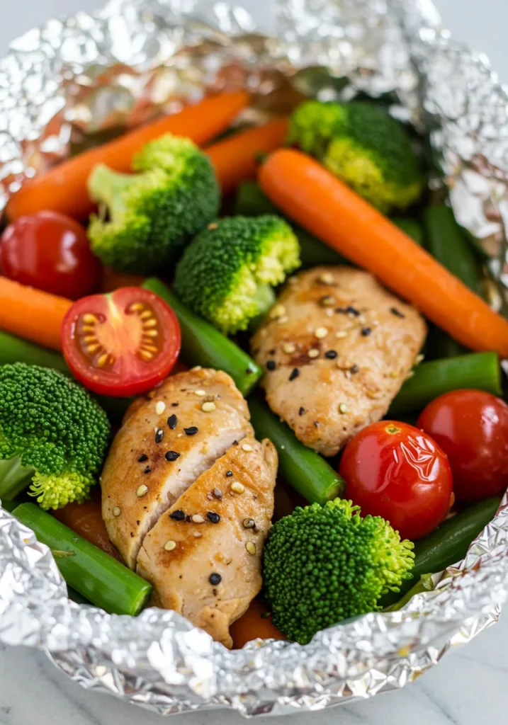 Nutritious foil packet meal with lean protein and colorful vegetables.