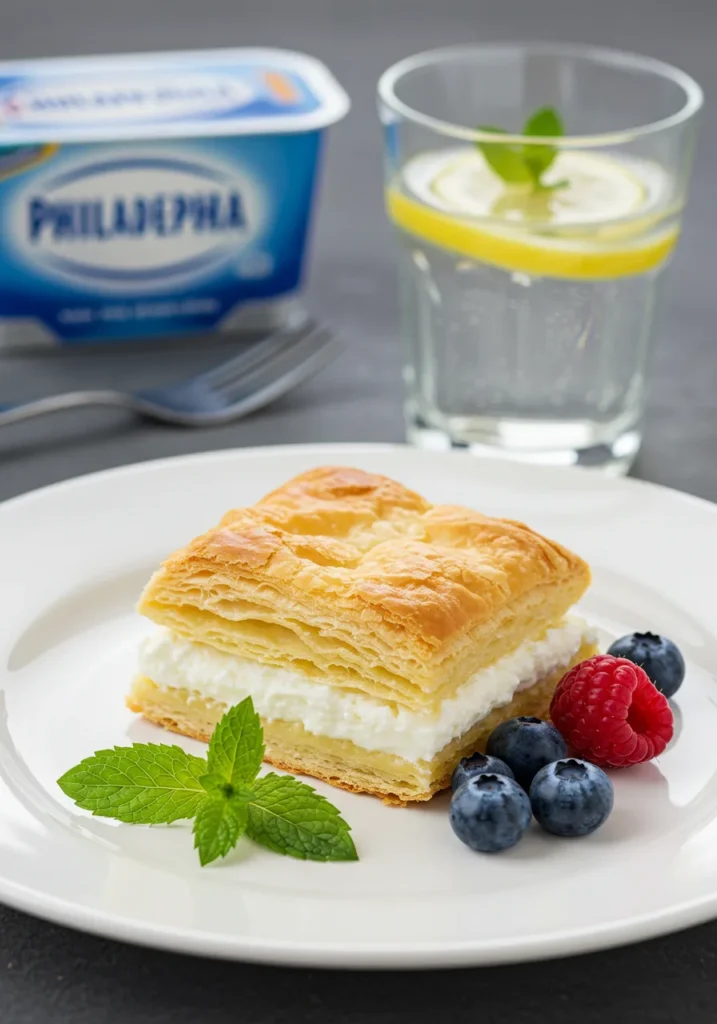 A close-up of a freshly baked Philadelphia cream cheese pastry with a cut revealing its creamy filling, surrounded by fresh fruit and herbs.