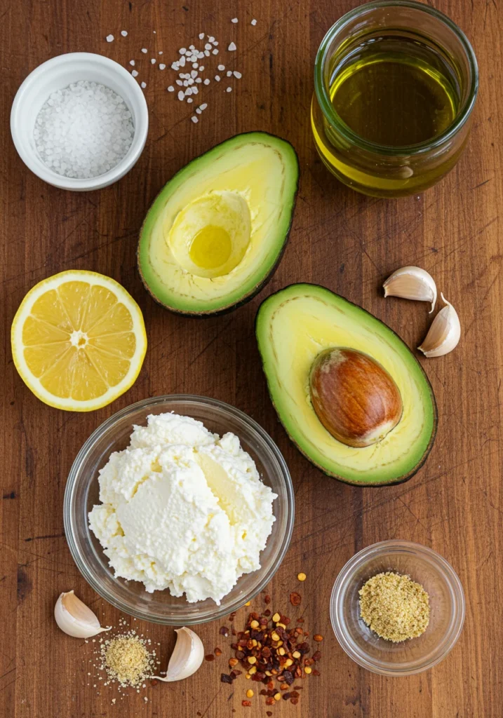 A close-up of the ingredients for making avocado ricotta spread, including ripe avocado, ricotta cheese, lemon, olive oil, and chili flakes.