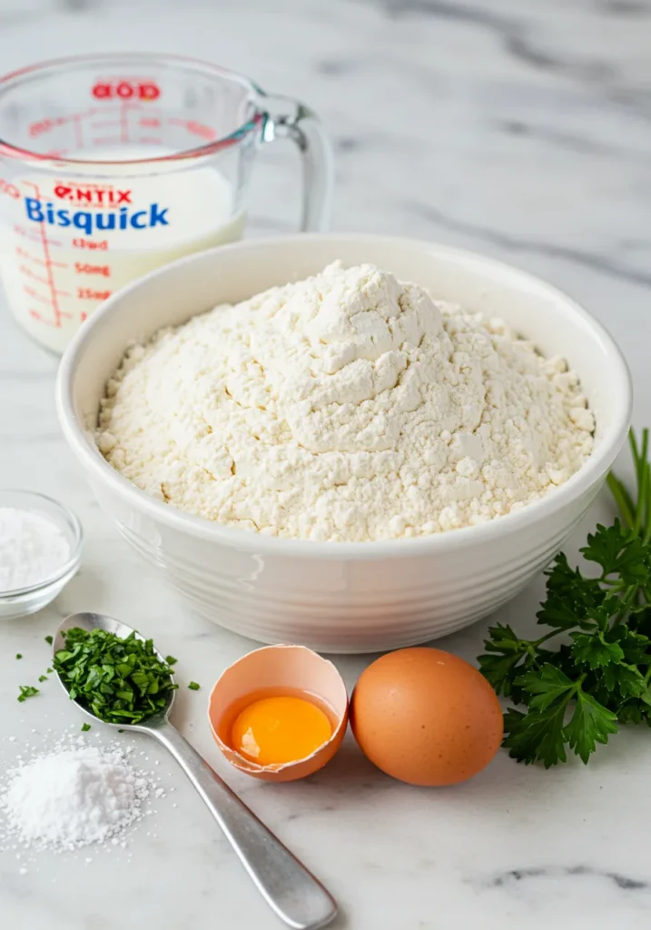 Ingredients laid out for making Bisquick dumplings: Bisquick mix, milk, egg, and fresh herbs.