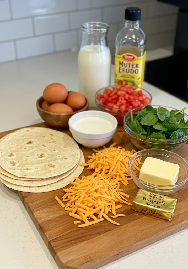 all the ingredients for a breakfast in an egg wrap recipe, including eggs, tortillas, cheese, vegetables, and milk arranged on a countertop.