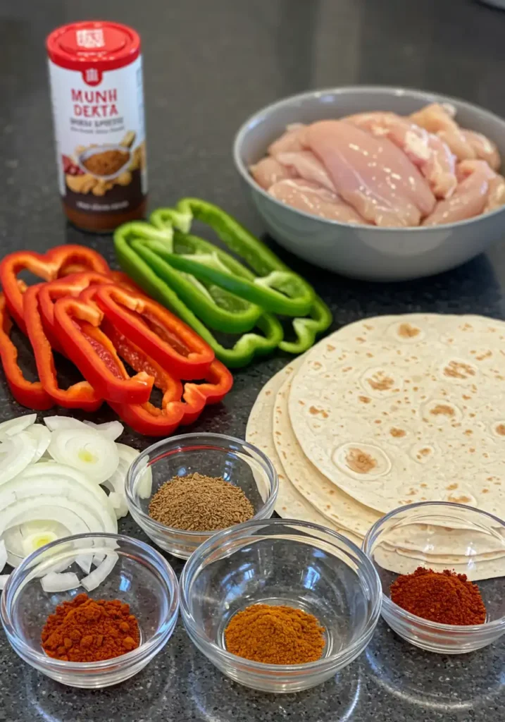 Fresh sliced peppers, onions, chicken, tortillas, and simple spices ready for fajita wraps.