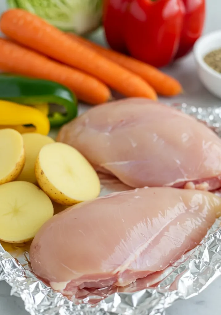 Fresh, colorful ingredients prepared for making foil packet oven recipes.