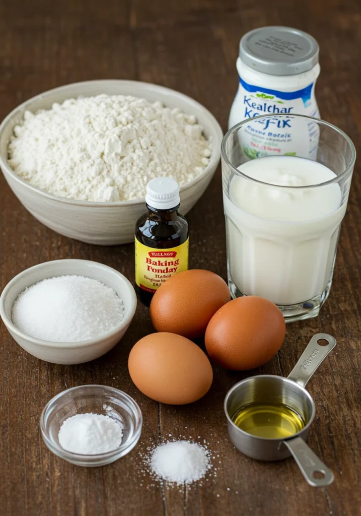 Ingredients like kefir, flour, sugar, and eggs neatly arranged on a countertop, ready for making a delicious, healthy kefir cake.