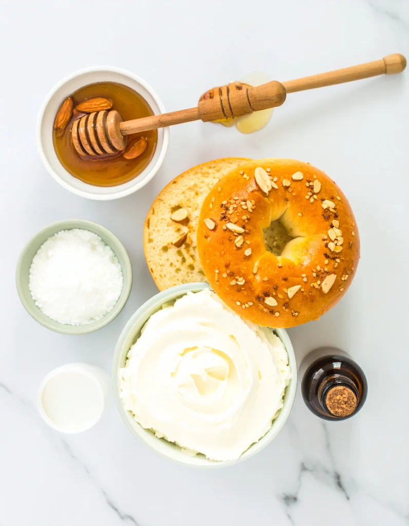 Ingredients needed for honey almond cream cheese bagel