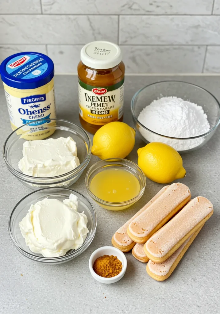 List of fresh and simple ingredients needed to make a lemon tiramisu without using any eggs.